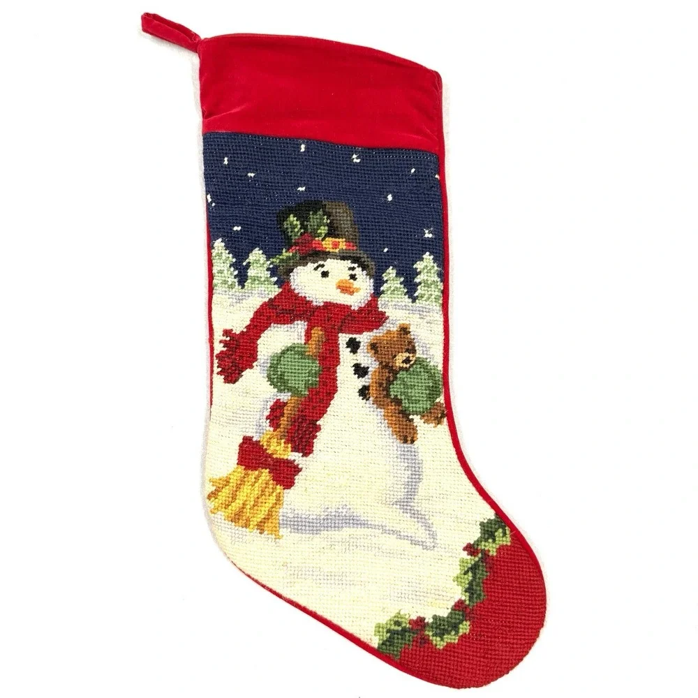 Vintage Christmas‎ Stocking Needlepoint Frosty Snowman Teddy Bear Wool Velvet